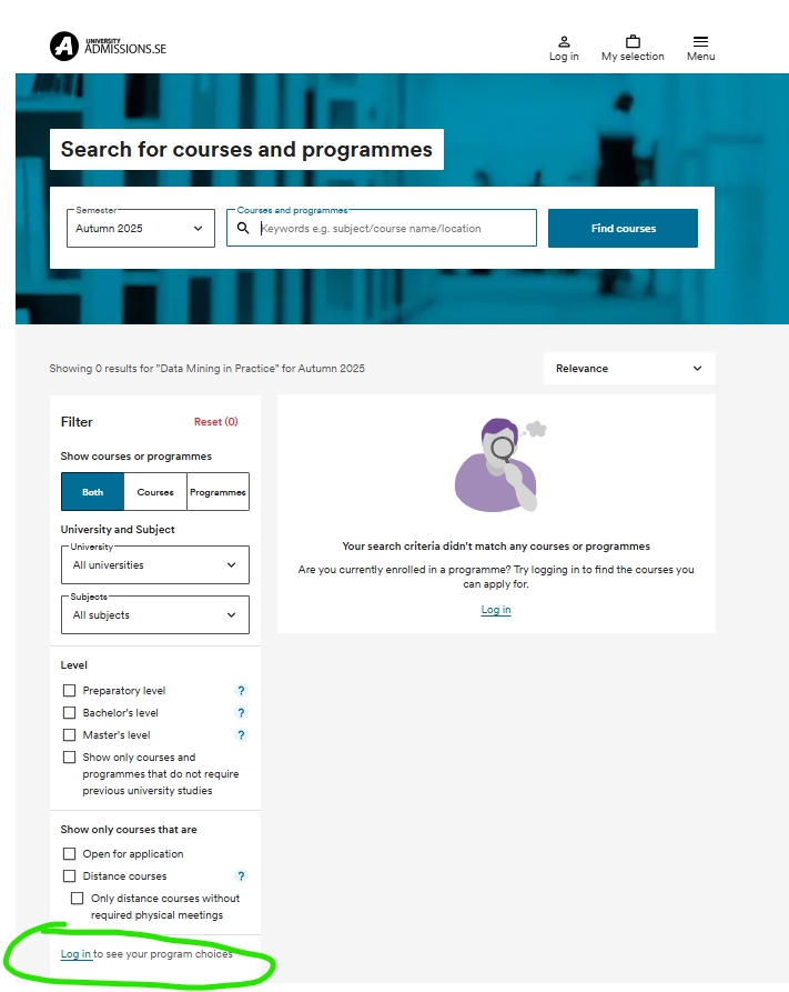 Log-in button on bottom of left navigation menu of UniversityAdmissions.se